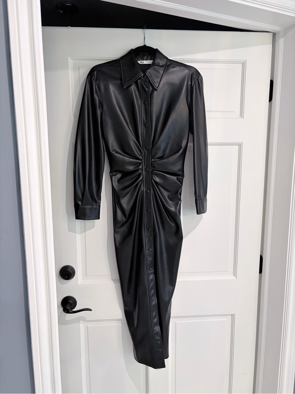 Zara Black Ruched Faux-Leather Midi Shirt Dress XS